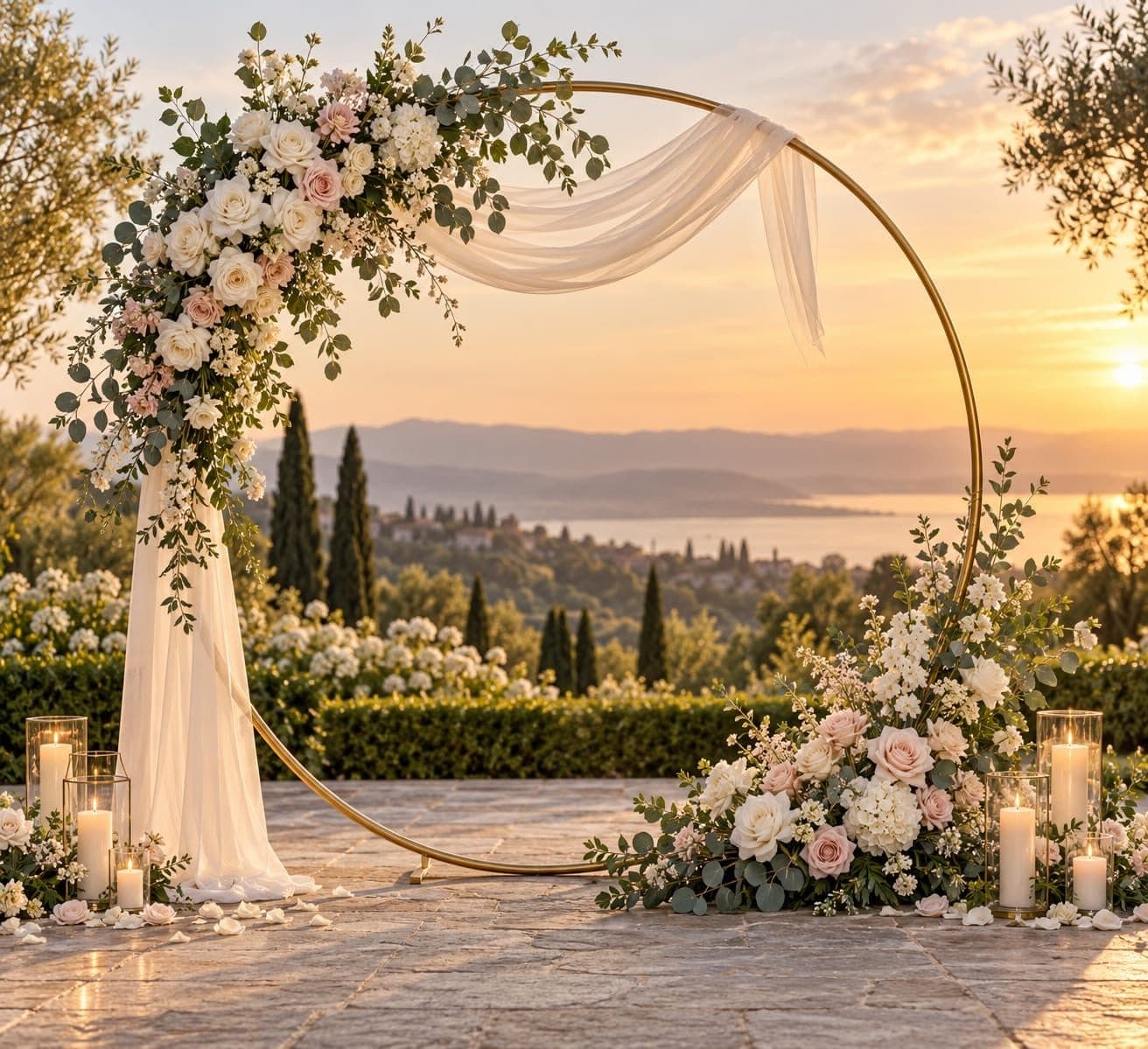 Photo d'une arche ronde dorée habillée d'un drapé et de fleurs